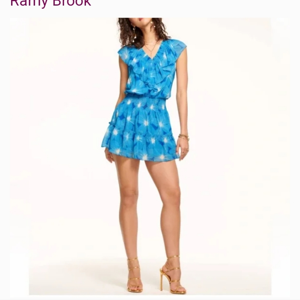 NWOT Ramy Brook Danica Smocked Blouson Waist Dress in Spring Navy Azalea